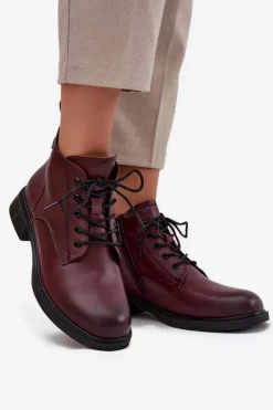 Buty damskie Vinceza Botki Ocieplane|Botki Sznurowane*Ocieplane Skórzane Botki Damskie Na Niskim Obcasie Vinceza 39953 Bordowe