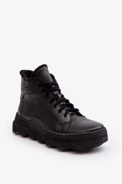 Discount Boto Ocieplane Skórzane Botki Damskie Na Platformie Czarne Lemar Jevette