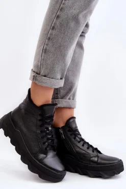 Discount Boto Ocieplane Skórzane Botki Damskie Na Platformie Czarne Lemar Jevette