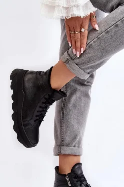 Discount Boto Ocieplane Skórzane Botki Damskie Na Platformie Czarne Lemar Jevette