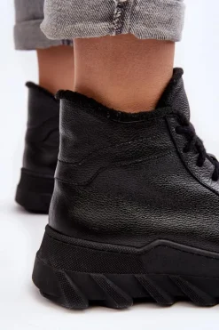 Discount Boto Ocieplane Skórzane Botki Damskie Na Platformie Czarne Lemar Jevette