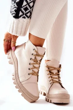 Damskie Boto Ocieplane Skórzane Botki Trapery Beżowe Madisson