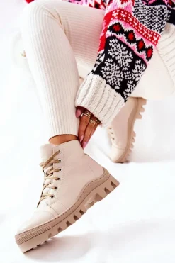 Damskie Boto Ocieplane Skórzane Botki Trapery Beżowe Madisson