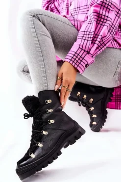 Damskie Boto Ocieplane Skórzane Botki Trapery Czarne Cateline