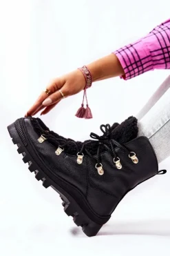 Damskie Boto Ocieplane Skórzane Botki Trapery Czarne Cateline