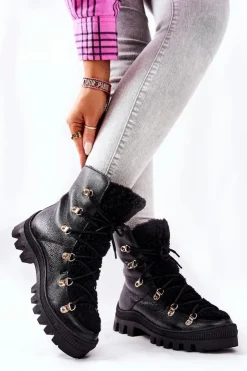 Damskie Boto Ocieplane Skórzane Botki Trapery Czarne Cateline