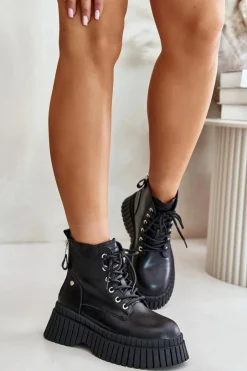 GOE Botki Ocieplane|Damskie Trapery*Ocieplane Skórzane Botki Trapery Na Masywnej Podeszwie OO2N4126 Czarne Czarny