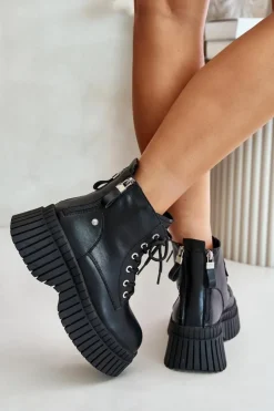 GOE Botki Ocieplane|Damskie Trapery*Ocieplane Skórzane Botki Trapery Na Masywnej Podeszwie OO2N4126 Czarne Czarny