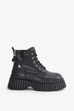 GOE Botki Ocieplane|Damskie Trapery*Ocieplane Skórzane Botki Trapery Na Masywnej Podeszwie OO2N4126 Czarne Czarny