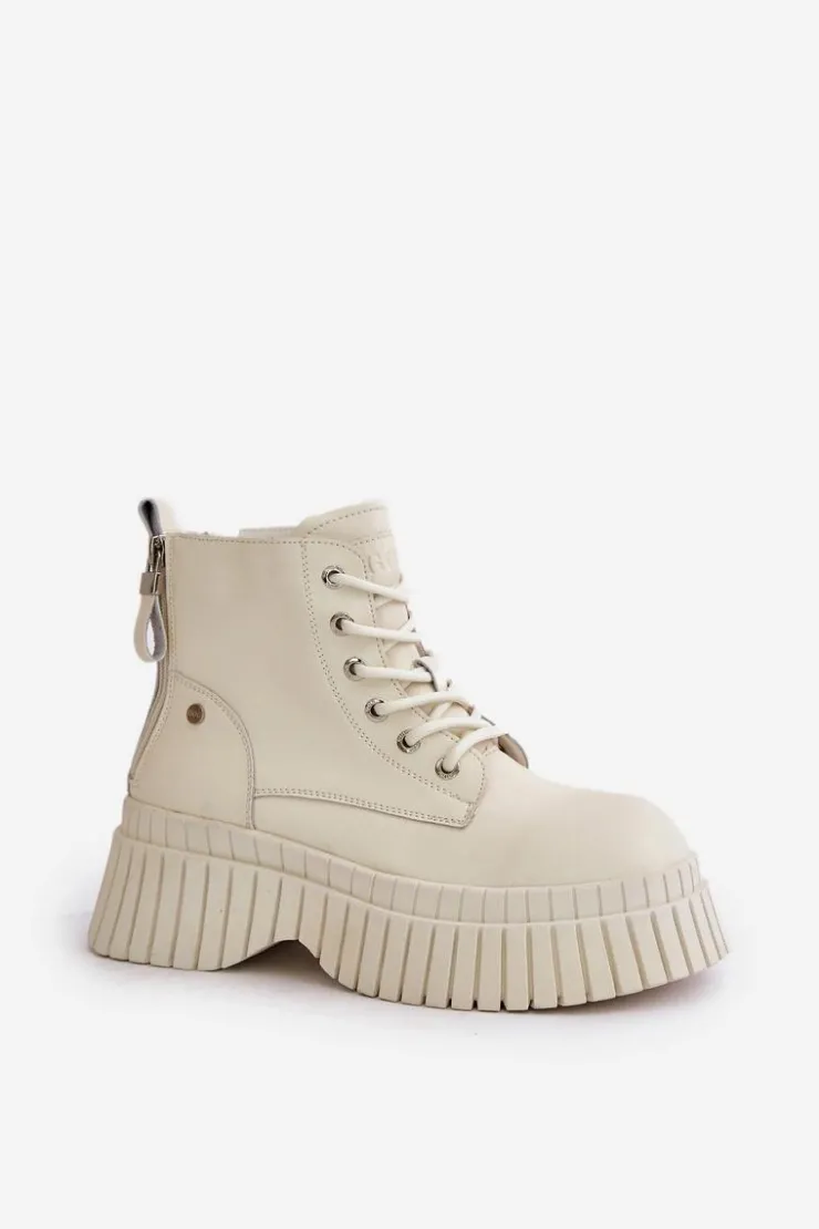 Outlet GOE Ocieplane Skórzane Botki Trapery Na Masywnej Podeszwie OO2N4127Jasnobeżowe Beżowy