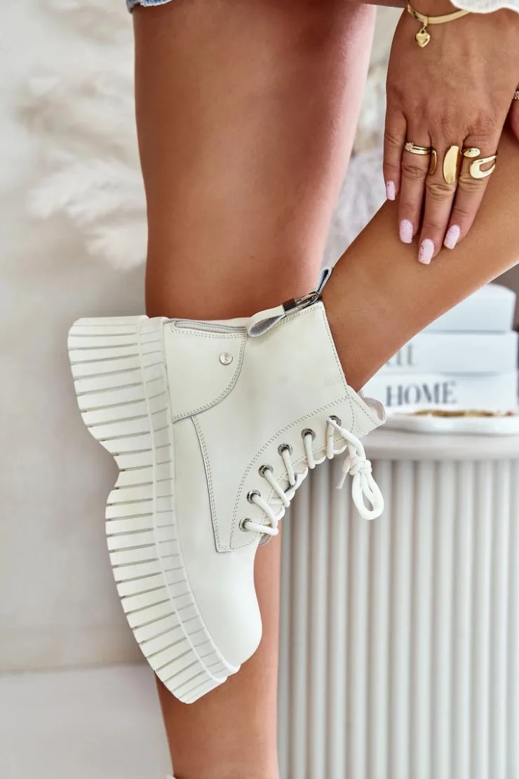 Outlet GOE Ocieplane Skórzane Botki Trapery Na Masywnej Podeszwie OO2N4127Jasnobeżowe Beżowy