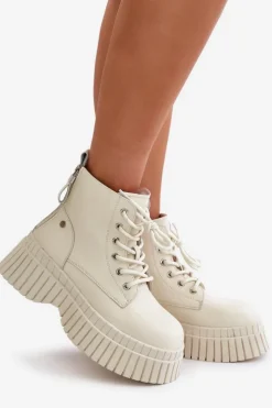 Outlet GOE Ocieplane Skórzane Botki Trapery Na Masywnej Podeszwie OO2N4127Jasnobeżowe Beżowy