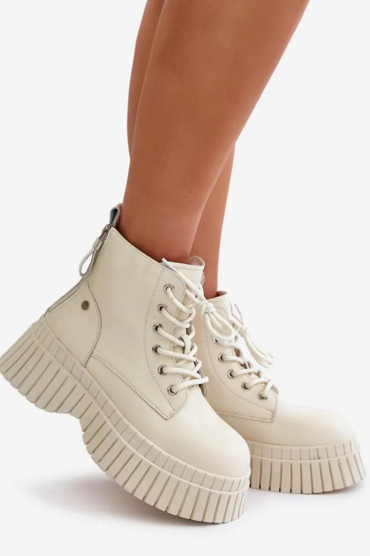 Outlet GOE Ocieplane Skórzane Botki Trapery Na Masywnej Podeszwie OO2N4127Jasnobeżowe Beżowy