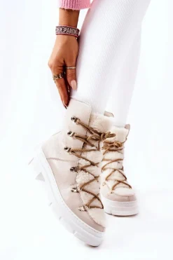 Outlet Boto Ocieplane Skórzane Botki Trapery Jasnobeżowe Nerisso Beżowy