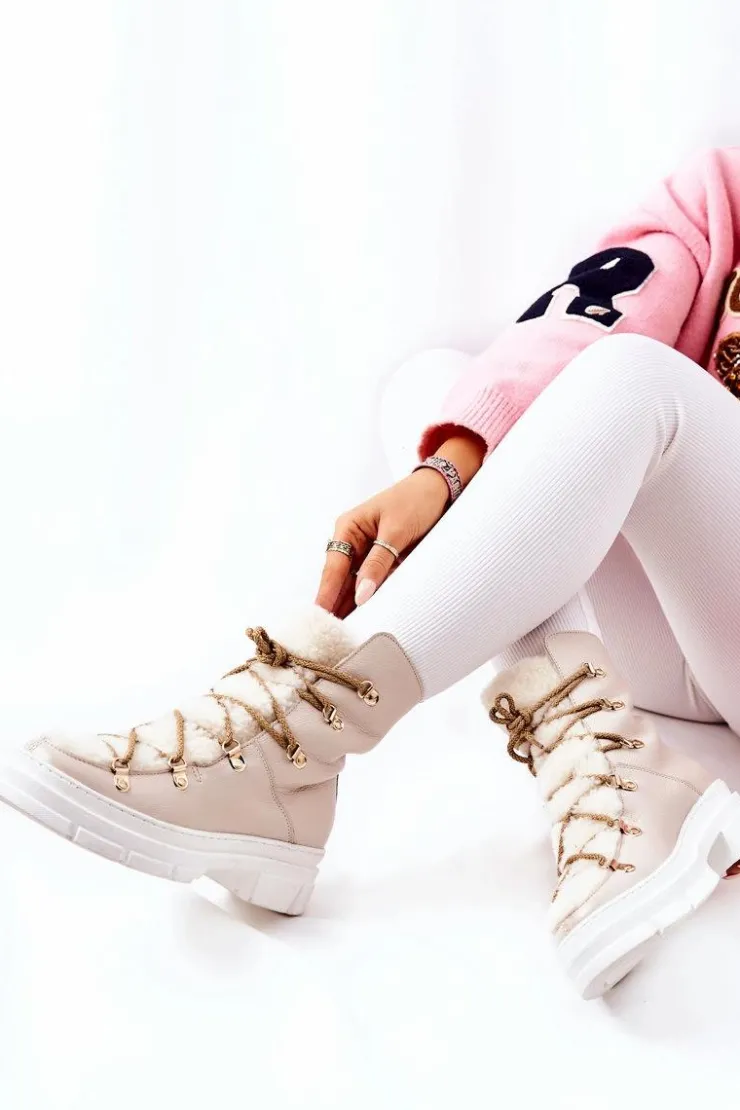 Outlet Boto Ocieplane Skórzane Botki Trapery Jasnobeżowe Nerisso Beżowy