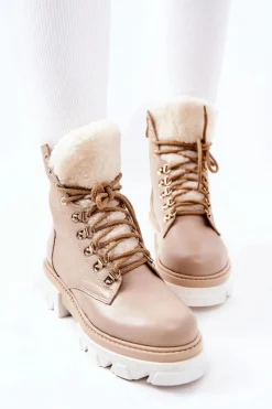 New Boto Ocieplane Skórzane Botki Workery Beżowe Lecolly