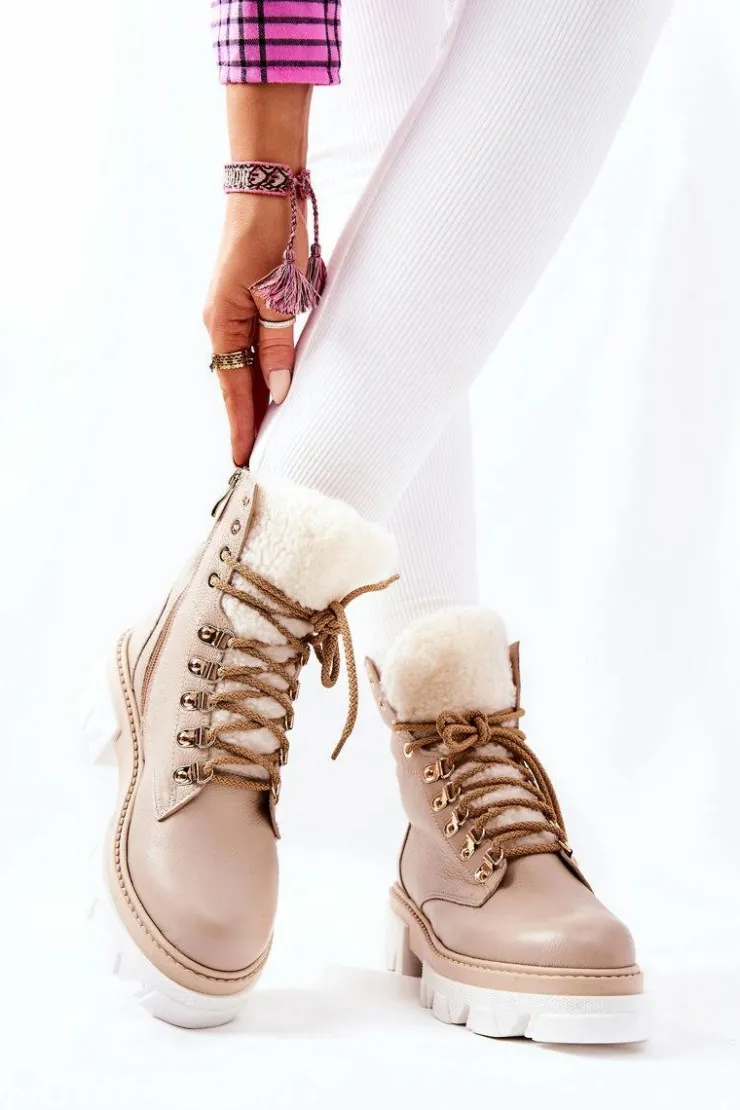 New Boto Ocieplane Skórzane Botki Workery Beżowe Lecolly