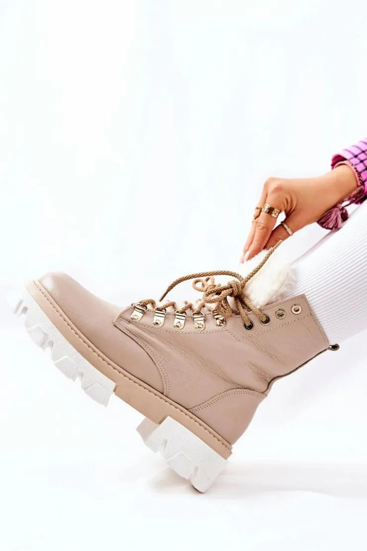 New Boto Ocieplane Skórzane Botki Workery Beżowe Lecolly