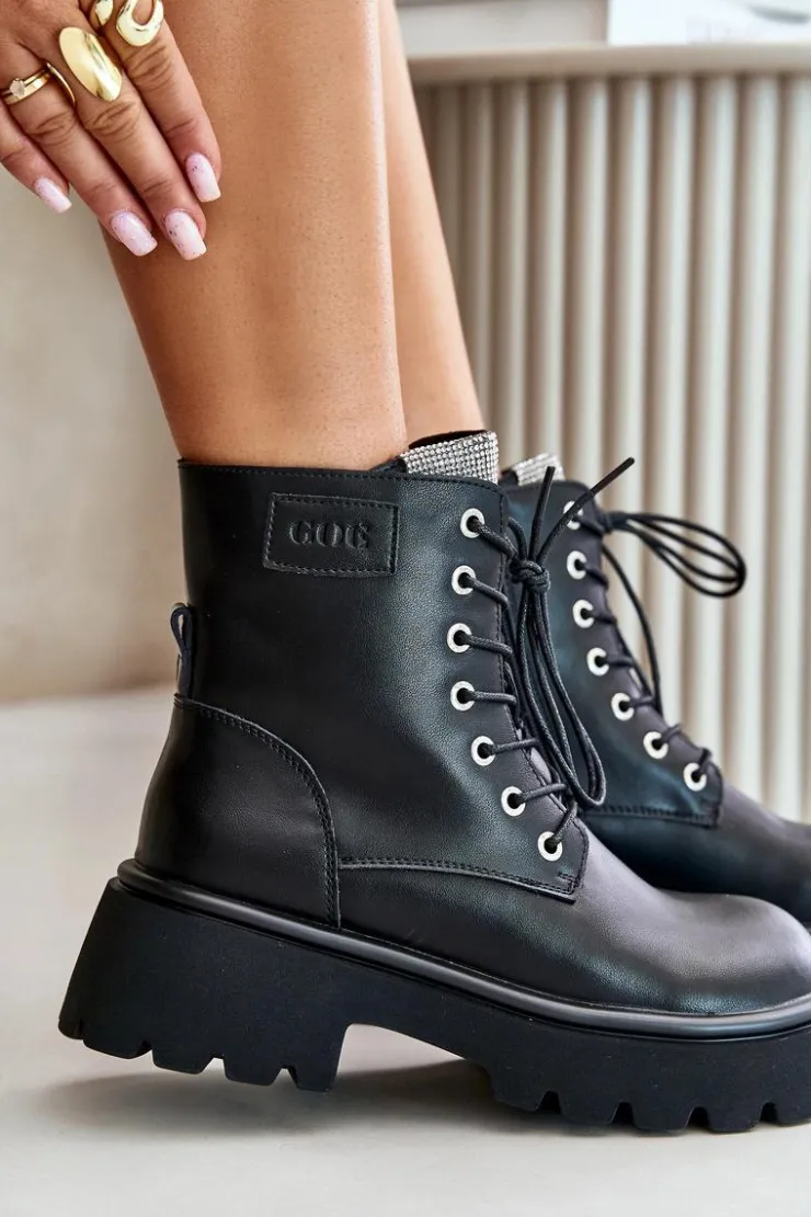 GOE Botki Ocieplane|Czarne Botki*Ocieplane Skórzane Botki Workery Damskie Z Cyrkoniami OO2N4125 Czarne