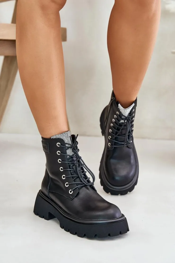 GOE Botki Ocieplane|Czarne Botki*Ocieplane Skórzane Botki Workery Damskie Z Cyrkoniami OO2N4125 Czarne