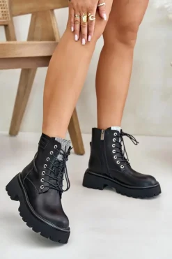 GOE Botki Ocieplane|Czarne Botki*Ocieplane Skórzane Botki Workery Damskie Z Cyrkoniami OO2N4125 Czarne