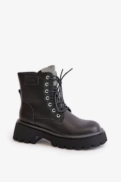 GOE Botki Ocieplane|Czarne Botki*Ocieplane Skórzane Botki Workery Damskie Z Cyrkoniami OO2N4125 Czarne