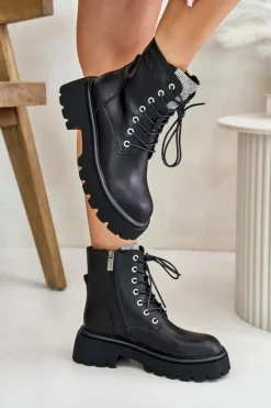 GOE Botki Ocieplane|Czarne Botki*Ocieplane Skórzane Botki Workery Damskie Z Cyrkoniami OO2N4125 Czarne