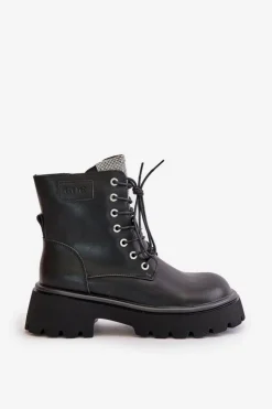 GOE Botki Ocieplane|Czarne Botki*Ocieplane Skórzane Botki Workery Damskie Z Cyrkoniami OO2N4125 Czarne