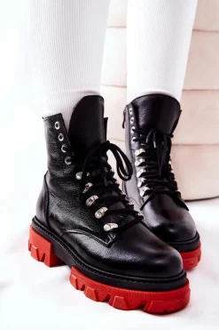 Damskie Boto Ocieplane Skórzane Botki Workery Czarne Kelley