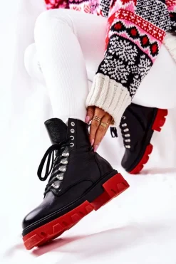 Damskie Boto Ocieplane Skórzane Botki Workery Czarne Kelley