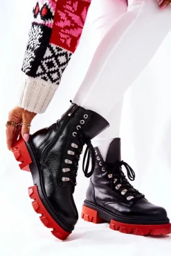 Damskie Boto Ocieplane Skórzane Botki Workery Czarne Kelley