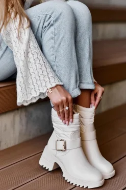 Discount Boto Ocieplane Skórzane Botki Z Klamrą Beżowe Osonia