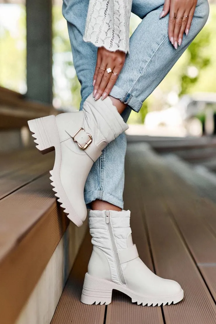 Discount Boto Ocieplane Skórzane Botki Z Klamrą Beżowe Osonia