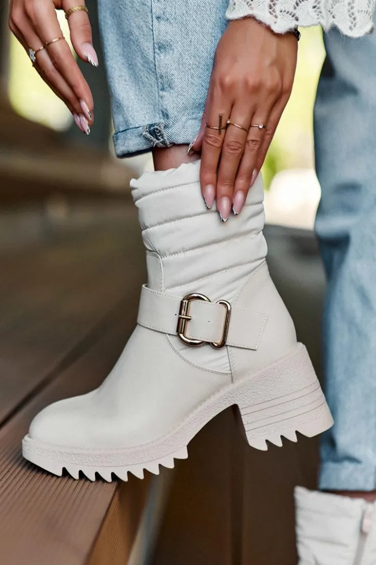 Discount Boto Ocieplane Skórzane Botki Z Klamrą Beżowe Osonia