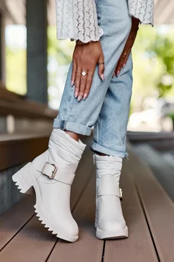 Discount Boto Ocieplane Skórzane Botki Z Klamrą Beżowe Osonia