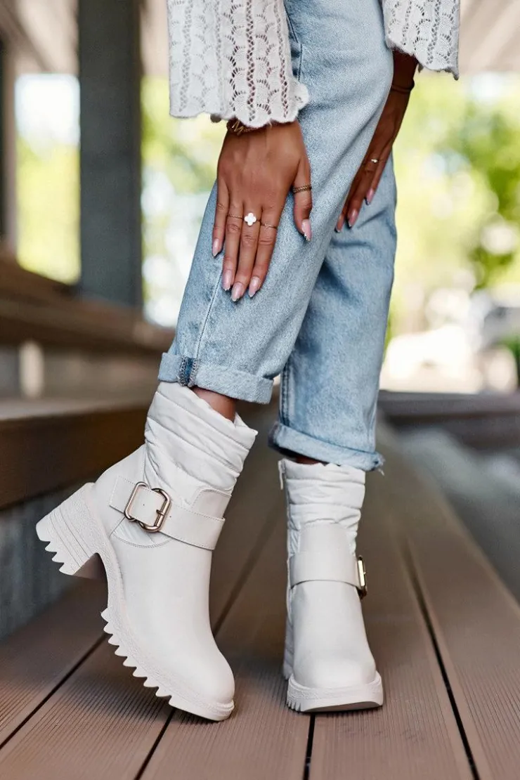 Discount Boto Ocieplane Skórzane Botki Z Klamrą Beżowe Osonia