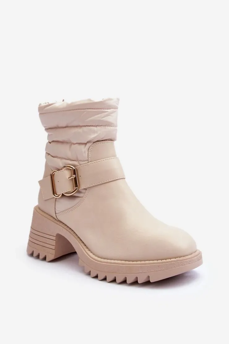 Discount Boto Ocieplane Skórzane Botki Z Klamrą Beżowe Osonia