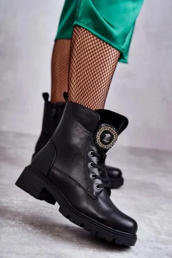 Damskie Damskie buty S.Barski Ocieplane Skórzane Botki Z Ozdobą Czarne Blandi