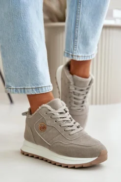 Best Boto Ocieplane Skórzane Buty Sportowe Na Platformie Szare Adite