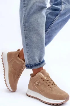 Best Boto Ocieplane Skórzane Buty Sportowe Na Platformie Ciemnobeżowe Adite