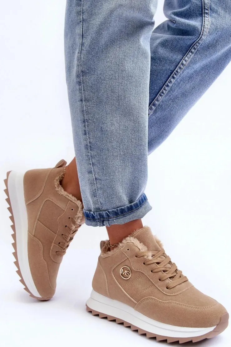 Best Boto Ocieplane Skórzane Buty Sportowe Na Platformie Ciemnobeżowe Adite