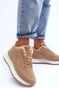 Best Boto Ocieplane Skórzane Buty Sportowe Na Platformie Ciemnobeżowe Adite