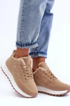 Best Boto Ocieplane Skórzane Buty Sportowe Na Platformie Ciemnobeżowe Adite