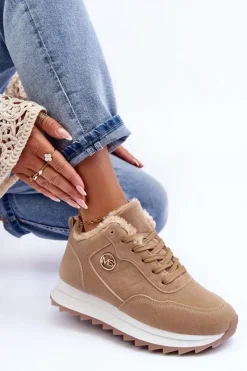 Best Boto Ocieplane Skórzane Buty Sportowe Na Platformie Ciemnobeżowe Adite