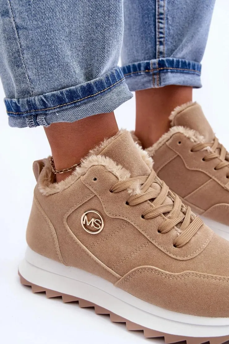 Best Boto Ocieplane Skórzane Buty Sportowe Na Platformie Ciemnobeżowe Adite