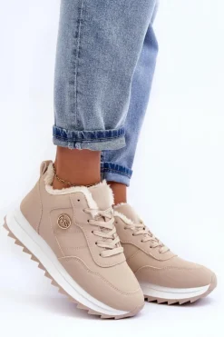Damskie Boto Ocieplane Skórzane Buty Sportowe Na Platformie Beżowe Adite
