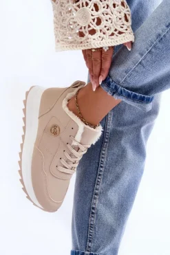 Damskie Boto Ocieplane Skórzane Buty Sportowe Na Platformie Beżowe Adite