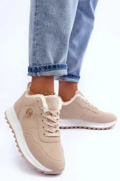 Damskie Boto Ocieplane Skórzane Buty Sportowe Na Platformie Beżowe Adite