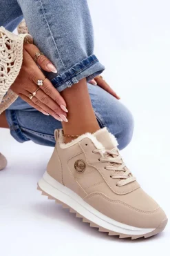Damskie Boto Ocieplane Skórzane Buty Sportowe Na Platformie Beżowe Adite
