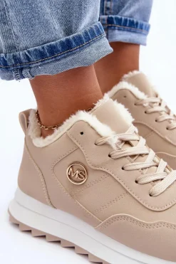 Damskie Boto Ocieplane Skórzane Buty Sportowe Na Platformie Beżowe Adite